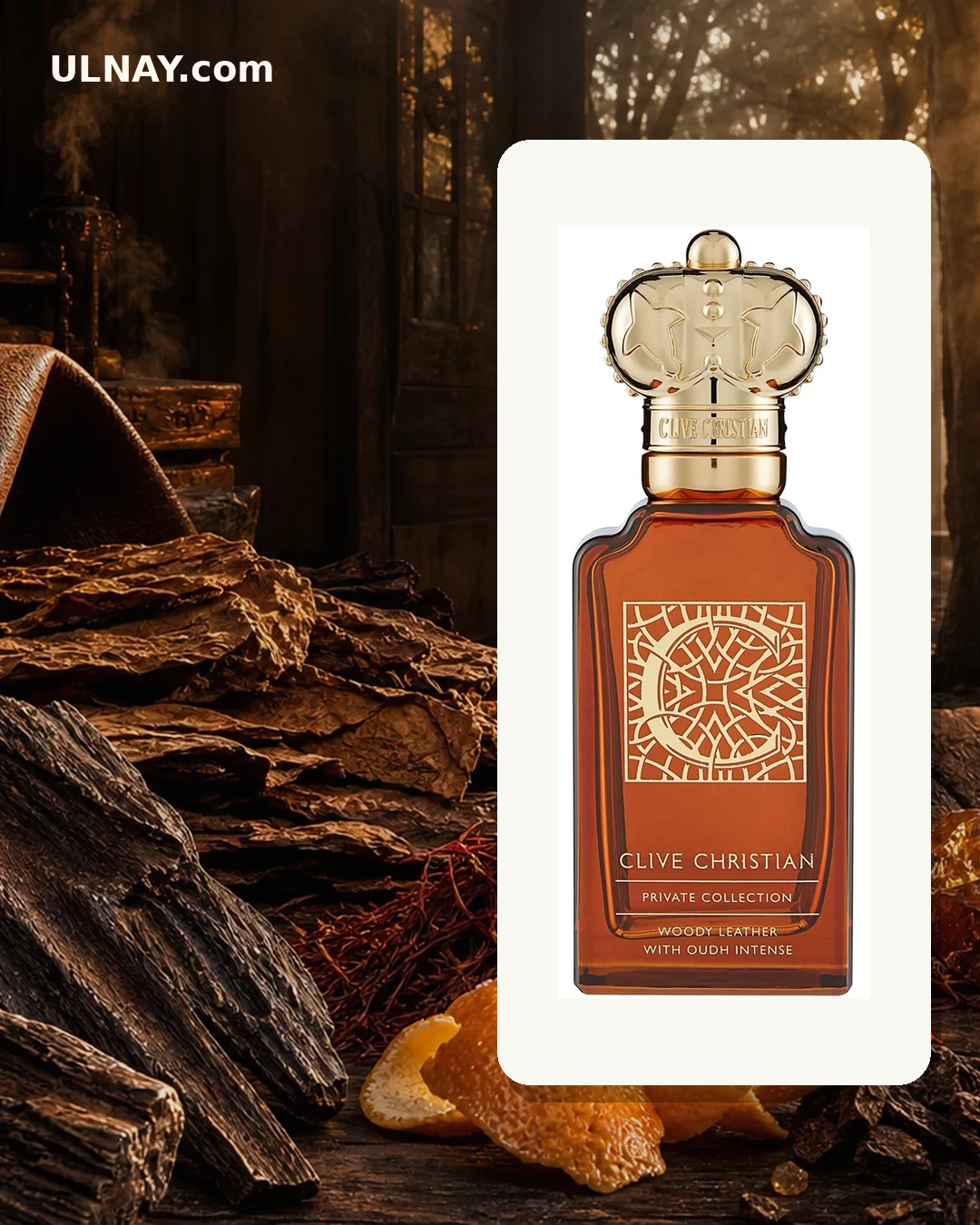 C for Men Woody Leather With Oudh Intense — scene and bottle